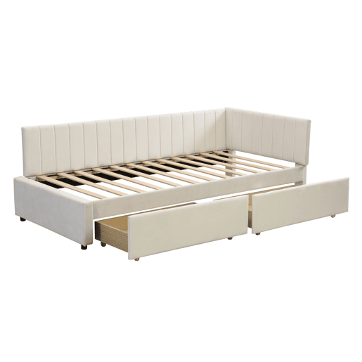 Sofá-cama estofado em veludo 90x200 cm - com 2 gavetas grandes e estrado de ripas - Branco