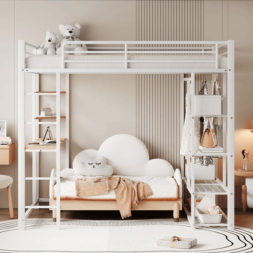 Cama mezzanine metálica 140x200 cm - com mesa e prateleiras - Branco
