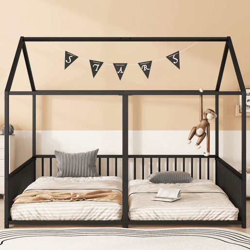 Cama-cama de ferro 2x90x200cm - com teto e estrado de ripas - Preto