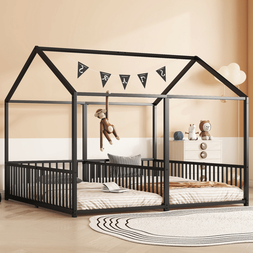 Cama-cama de ferro 2x90x200cm - com teto e estrado de ripas - Preto