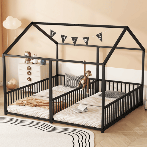 Cama-cama de ferro 2x90x200cm - com teto e estrado de ripas - Preto
