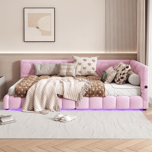 Sofá-cama de veludo 90x200 cm - com LED e porta USB - Rosa