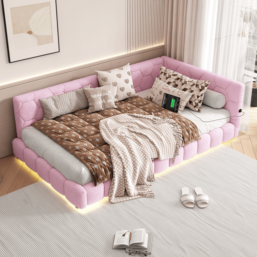 Sofá-cama de veludo 90x200 cm - com LED e porta USB - Rosa