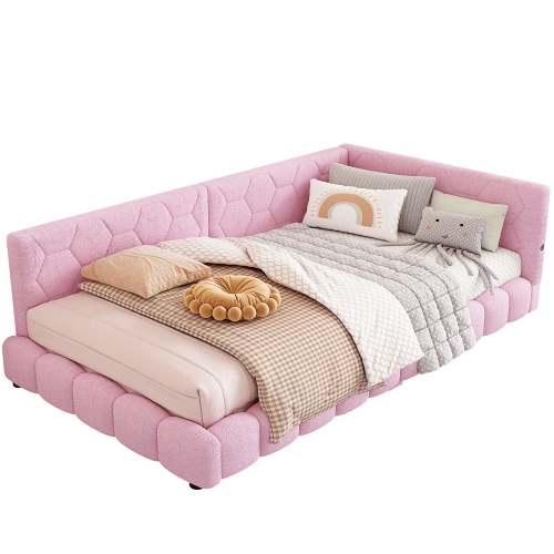 Sofá-cama de veludo 90x200 cm - com LED e porta USB - Rosa