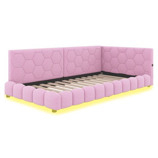 Sofá-cama de veludo 90x200 cm - com LED e porta USB - Rosa