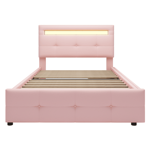 Cama individual 90x200 cm em tecido de linho com LED e 2 gavetas - Rosa