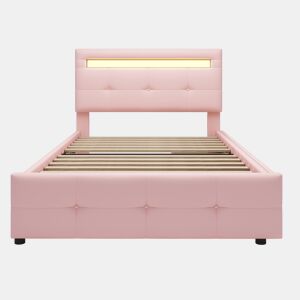 Cama individual 90x200 cm em tecido de linho com LED e 2 gavetas - Rosa