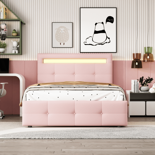 Cama individual 90x200 cm em tecido de linho com LED e 2 gavetas - Rosa