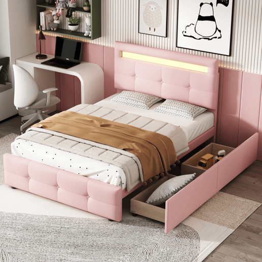 Cama individual 90x200 cm em tecido de linho com LED e 2 gavetas - Rosa