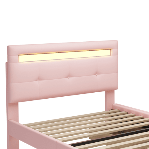 Cama individual 90x200 cm em tecido de linho com LED e 2 gavetas - Rosa