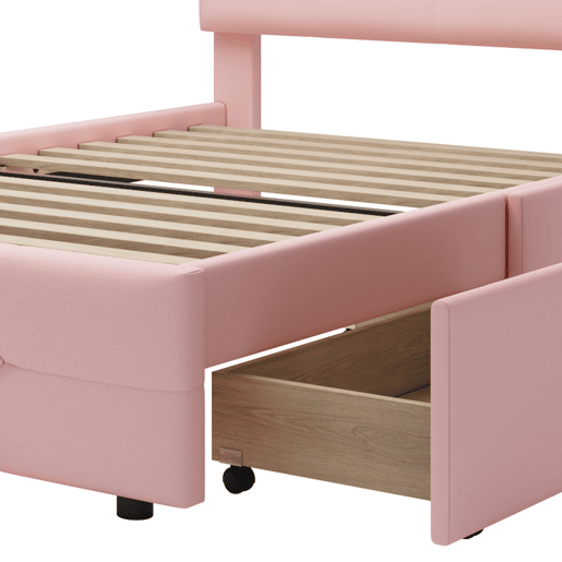 Cama individual 90x200 cm em tecido de linho com LED e 2 gavetas - Rosa