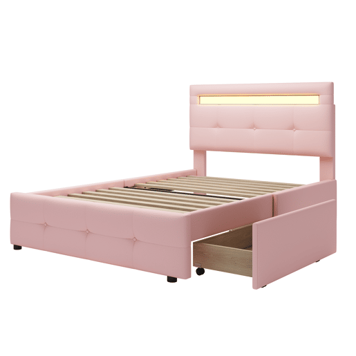 Cama individual 90x200 cm em tecido de linho com LED e 2 gavetas - Rosa