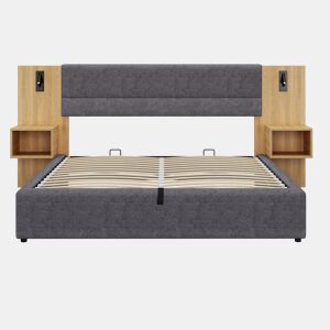Cama grande para arrumação 160x200 cm estofada em veludo - com porta USB e LED - 2 mesas de cabeceira - Cinzento e Natural