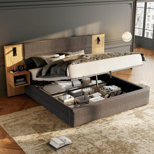 Cama grande para arrumação 160x200 cm estofada em veludo - com porta USB e LED - 2 mesas de cabeceira - Cinzento e Natural