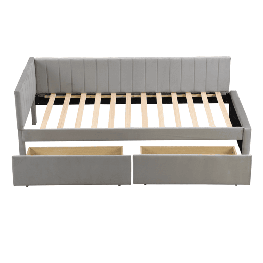 Sofá-cama estofado em veludo 90x200 cm - com 2 gavetas grandes e estrado de ripas - Cinzento