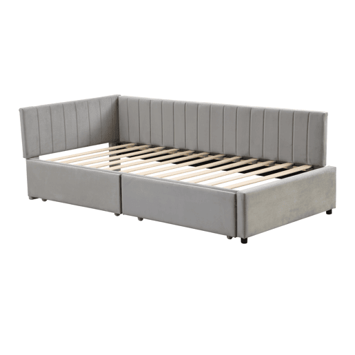 Sofá-cama estofado em veludo 90x200 cm - com 2 gavetas grandes e estrado de ripas - Cinzento