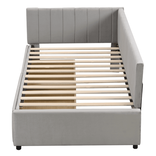 Sofá-cama estofado em veludo 90x200 cm - com 2 gavetas grandes e estrado de ripas - Cinzento