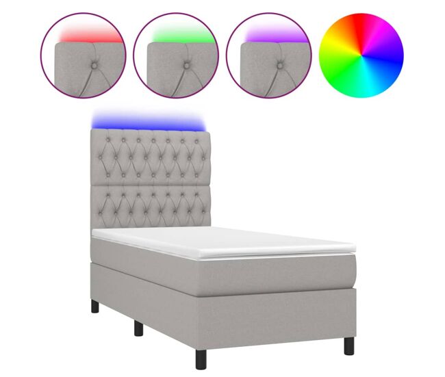 Cama box spring colchón y luces led tela gris claro 90x200 cm diseño de botones