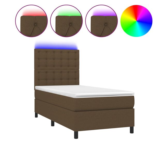Cama box spring colchón y luces led tela marrón oscuro 80x200cm botones