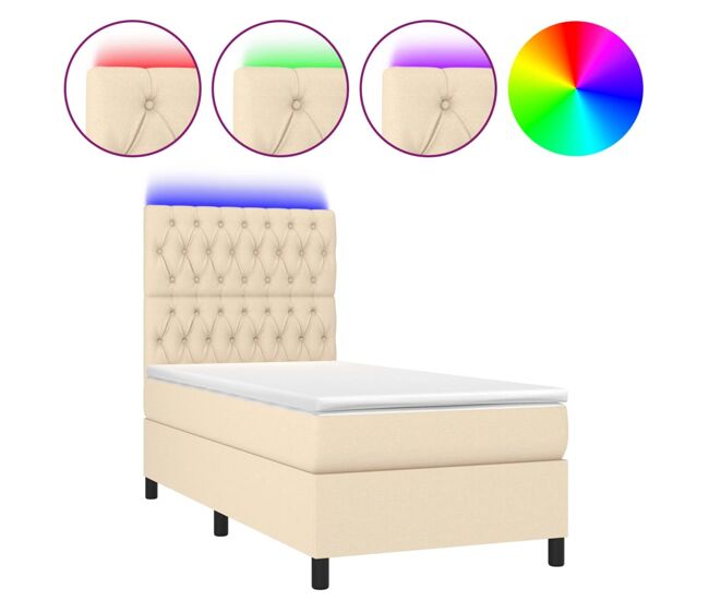Cama box spring colchón y luces led tela crema 90x200 cm diseño de botones