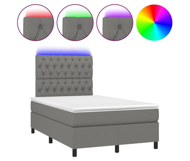 Cama box spring con colchón y led tela gris oscuro 120x200 cm diseño de botones