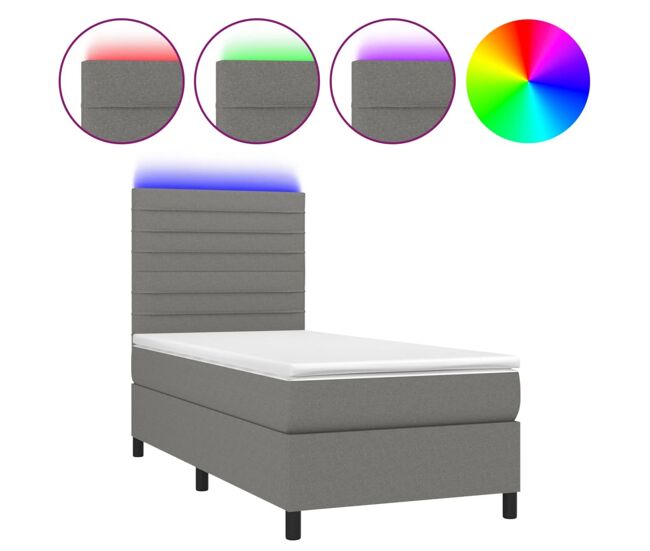 Cama box spring colchón y luces led tela gris oscuro 90x200 cm rayas horizontales
