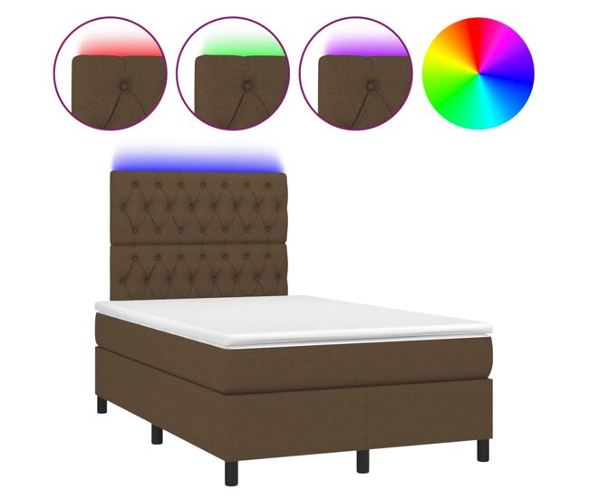 Cama box spring con colchón y led tela marrón oscuro 120x200 cm diseño de botones