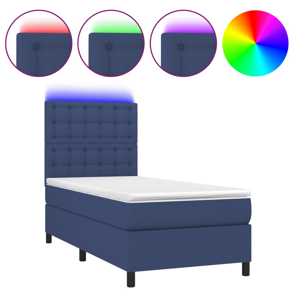 Cama box spring colchón y luces led tela azul 100x200 cm botones