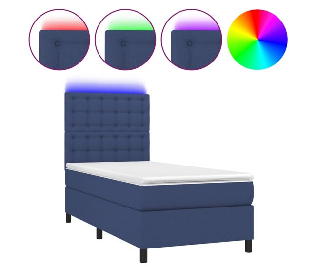 Cama box spring colchón y luces led tela azul 100x200 cm botones
