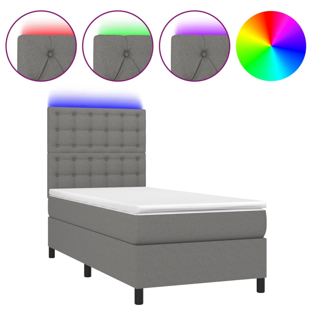 Cama box spring colchón y luces led tela gris oscuro 100x200 cm botones