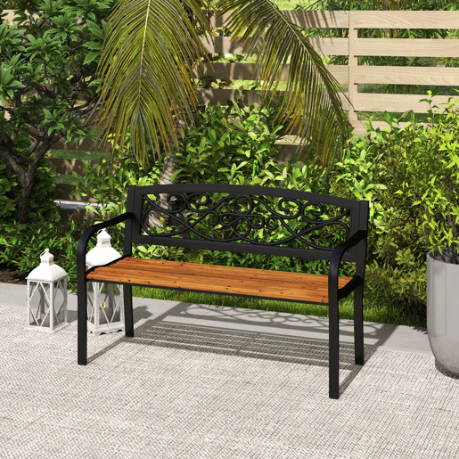 Outsunny Banco de Jardim de 2 Lugares Banco de Exterior com Assento de Madeira e Estrutura de Aço para Pátio Varanda 127x56x80 cm Madeira e Preto