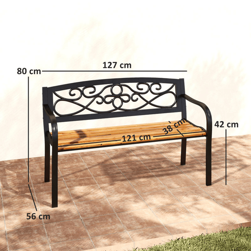 Outsunny Banco de Jardim de 2 Lugares Banco de Exterior com Assento de Madeira e Estrutura de Aço para Pátio Varanda 127x56x80 cm Madeira e Preto