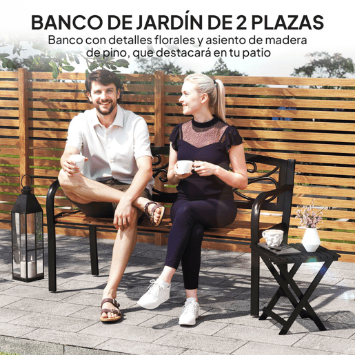 Outsunny Banco de Jardim de 2 Lugares Banco de Exterior com Assento de Madeira e Estrutura de Aço para Pátio Varanda 127x56x80 cm Madeira e Preto