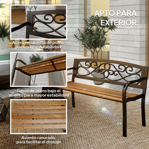 Outsunny Banco de Jardim de 2 Lugares Banco de Exterior com Assento de Madeira e Estrutura de Aço para Pátio Varanda 127x56x80 cm Madeira e Preto