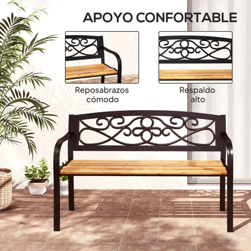 Outsunny Banco de Jardim de 2 Lugares Banco de Exterior com Assento de Madeira e Estrutura de Aço para Pátio Varanda 127x56x80 cm Madeira e Preto