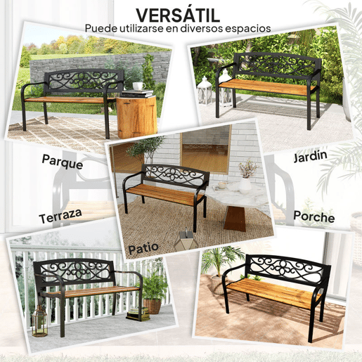Outsunny Banco de Jardim de 2 Lugares Banco de Exterior com Assento de Madeira e Estrutura de Aço para Pátio Varanda 127x56x80 cm Madeira e Preto