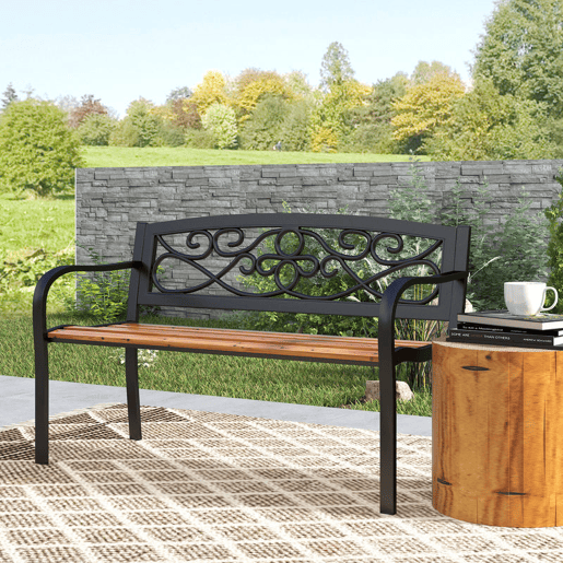 Outsunny Banco de Jardim de 2 Lugares Banco de Exterior com Assento de Madeira e Estrutura de Aço para Pátio Varanda 127x56x80 cm Madeira e Preto