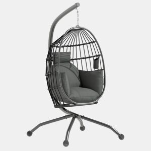 Outsunny Cadeira Suspensa com Suporte Cadeira Baloiço de Jardim com Cesto DobrÔvel Almofada e Apoio para a Cabeça Cadeirão Suspenso para Interior e Exterior Carga 120 kg 120x88x192 cm Preto