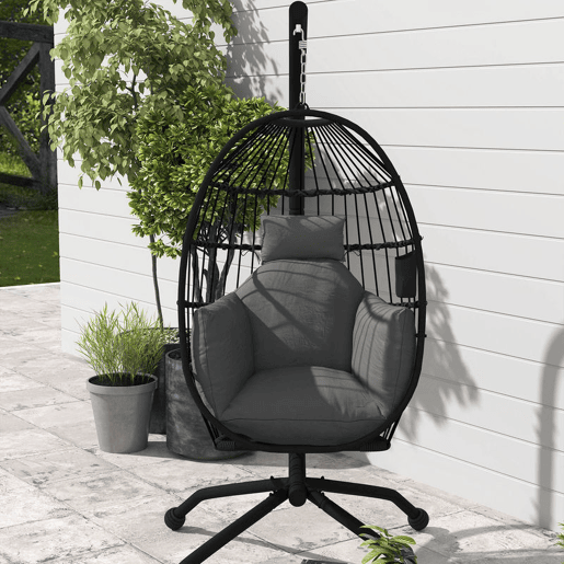 Outsunny Cadeira Suspensa com Suporte Cadeira Baloiço de Jardim com Cesto Dobrável Almofada e Apoio para a Cabeça Cadeirão Suspenso para Interior e Exterior Carga 120 kg 120x88x192 cm Preto