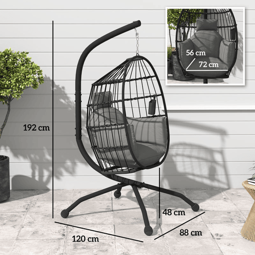 Outsunny Cadeira Suspensa com Suporte Cadeira Baloiço de Jardim com Cesto Dobrável Almofada e Apoio para a Cabeça Cadeirão Suspenso para Interior e Exterior Carga 120 kg 120x88x192 cm Preto
