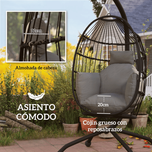 Outsunny Cadeira Suspensa com Suporte Cadeira Baloiço de Jardim com Cesto Dobrável Almofada e Apoio para a Cabeça Cadeirão Suspenso para Interior e Exterior Carga 120 kg 120x88x192 cm Preto