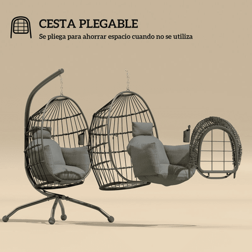Outsunny Cadeira Suspensa com Suporte Cadeira Baloiço de Jardim com Cesto Dobrável Almofada e Apoio para a Cabeça Cadeirão Suspenso para Interior e Exterior Carga 120 kg 120x88x192 cm Preto