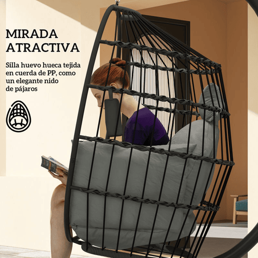 Outsunny Cadeira Suspensa com Suporte Cadeira Baloiço de Jardim com Cesto Dobrável Almofada e Apoio para a Cabeça Cadeirão Suspenso para Interior e Exterior Carga 120 kg 120x88x192 cm Preto