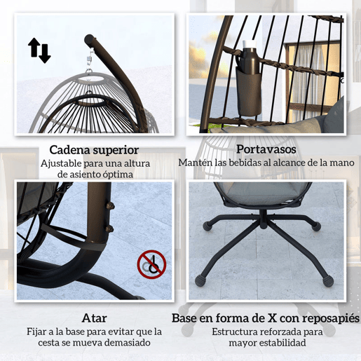 Outsunny Cadeira Suspensa com Suporte Cadeira Baloiço de Jardim com Cesto Dobrável Almofada e Apoio para a Cabeça Cadeirão Suspenso para Interior e Exterior Carga 120 kg 120x88x192 cm Preto