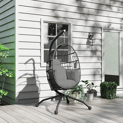 Outsunny Cadeira Suspensa com Suporte Cadeira Baloiço de Jardim com Cesto Dobrável Almofada e Apoio para a Cabeça Cadeirão Suspenso para Interior e Exterior Carga 120 kg 120x88x192 cm Preto