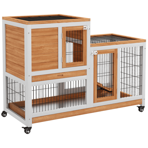 PawHut Coelheira de Madeira Interior com Rodas Gaiola para Coelhos Animais Pequenos de 2 Pisos com Zona Aberta Rampa e 2 Bandejas Removíveis 110x50x88 cm Madeira
