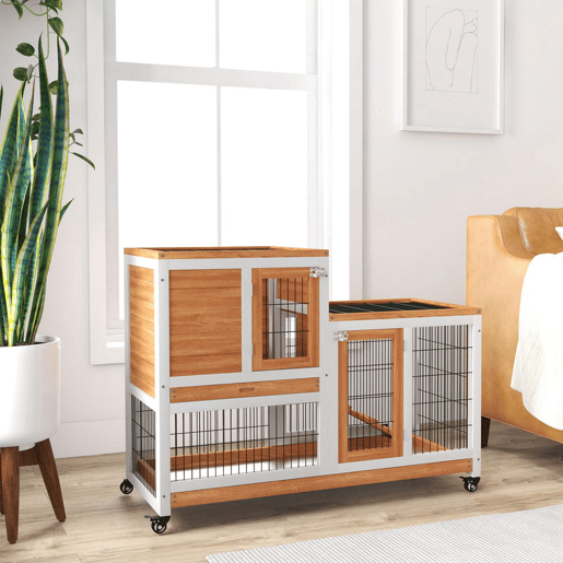 PawHut Coelheira de Madeira Interior com Rodas Gaiola para Coelhos Animais Pequenos de 2 Pisos com Zona Aberta Rampa e 2 Bandejas Removíveis 110x50x88 cm Madeira