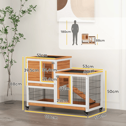 PawHut Coelheira de Madeira Interior com Rodas Gaiola para Coelhos Animais Pequenos de 2 Pisos com Zona Aberta Rampa e 2 Bandejas Removíveis 110x50x88 cm Madeira