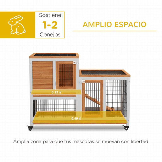 PawHut Coelheira de Madeira Interior com Rodas Gaiola para Coelhos Animais Pequenos de 2 Pisos com Zona Aberta Rampa e 2 Bandejas Removíveis 110x50x88 cm Madeira