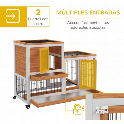 PawHut Coelheira de Madeira Interior com Rodas Gaiola para Coelhos Animais Pequenos de 2 Pisos com Zona Aberta Rampa e 2 Bandejas Removíveis 110x50x88 cm Madeira